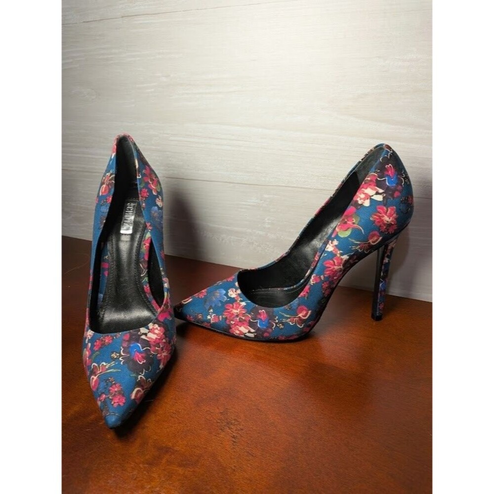 NEW Schutz Gilberta Floral Pointed Toe Pumps Blue Pink Stiletto Heels 6.5B Silky